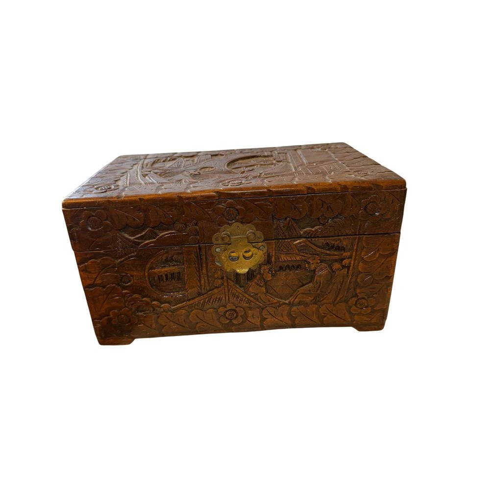 Vintage Hand Carved Camphor Wood Jewelry Box Asian Village Scene Brass Latch 12"